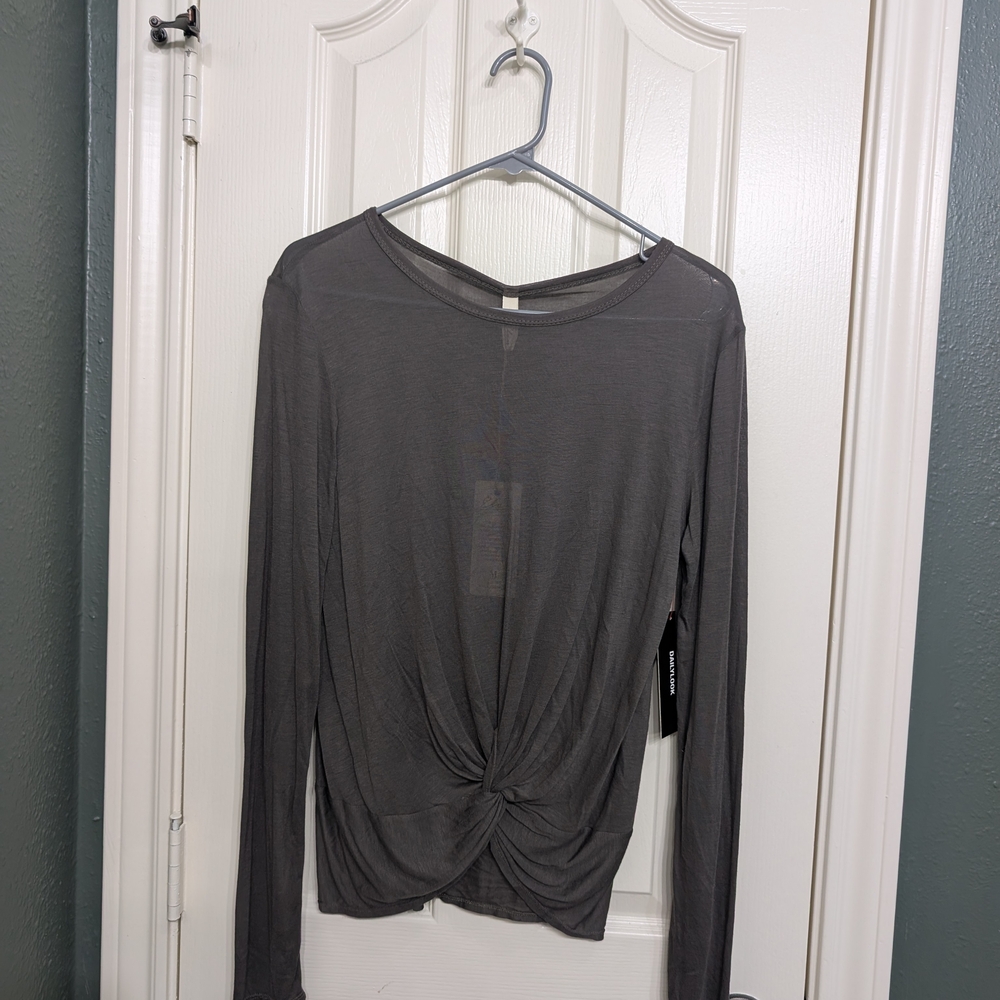 Elan Charcoal Twist Front Long Sleeve Top